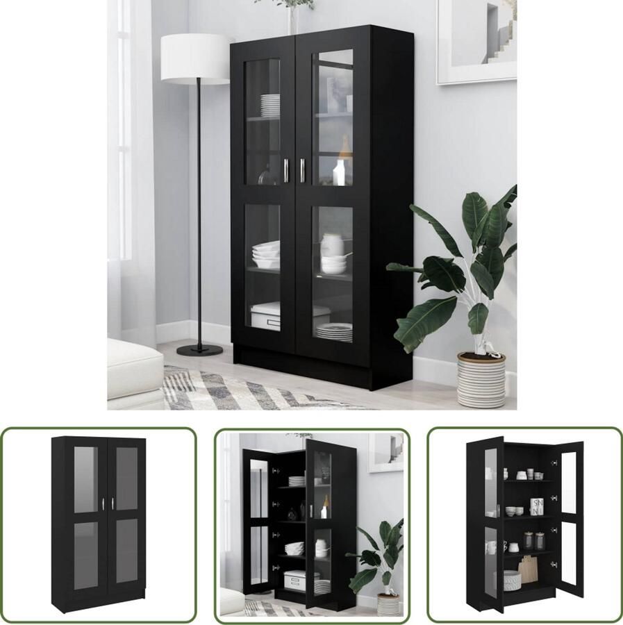 The Living Store Vitrinekast Zwart 82.5 x 30.5 x 150 cm Stevig en duurzaam Vitrinekast Boekenkast Houten Kast Zwarte Kast Opslagruimte - Foto 2