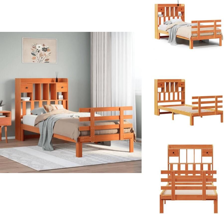 VidaXL Boekenkastbed Boekenkastbedden Bed Eenpersoonsbed Bed met boekenkast zonder matras grenenhout wasbruin 75x190 cm