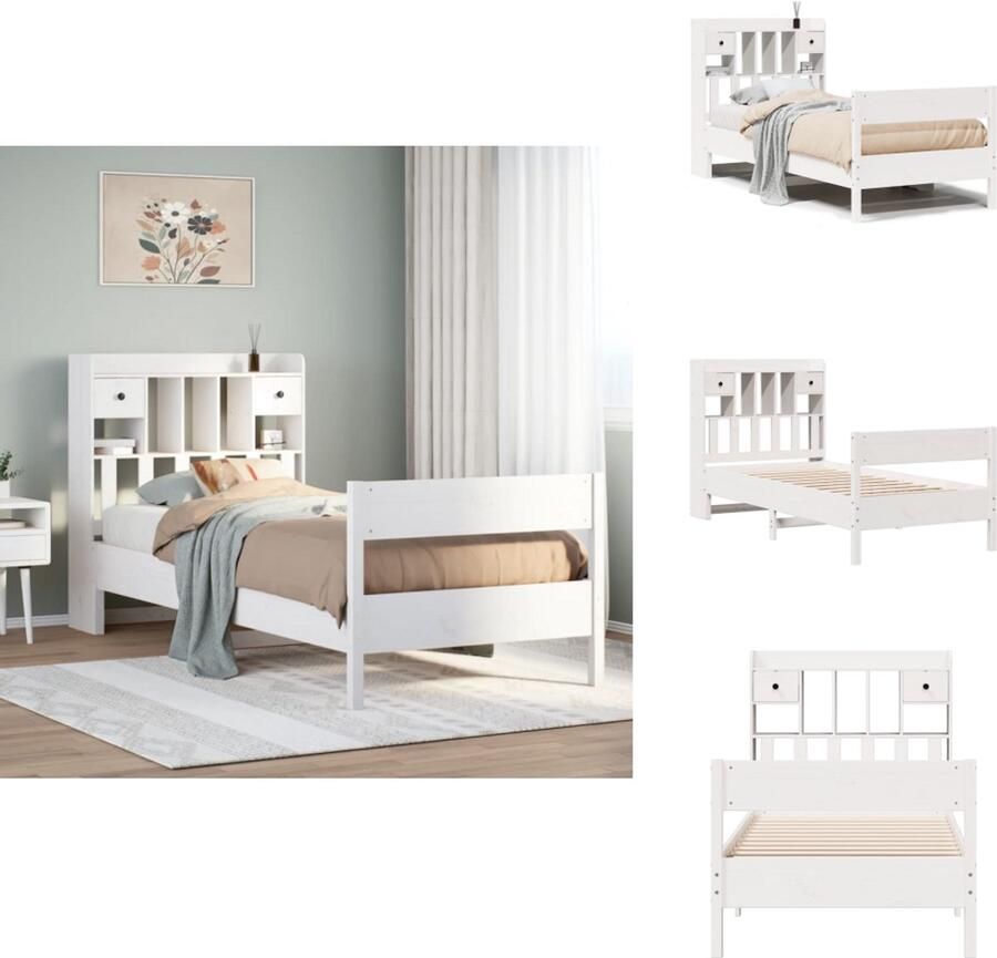 VidaXL Boekenkastbed Boekenkastbedden Bed Eenpersoonsbed Bed met boekenkast zonder matras grenenhout wit 90x200 cm