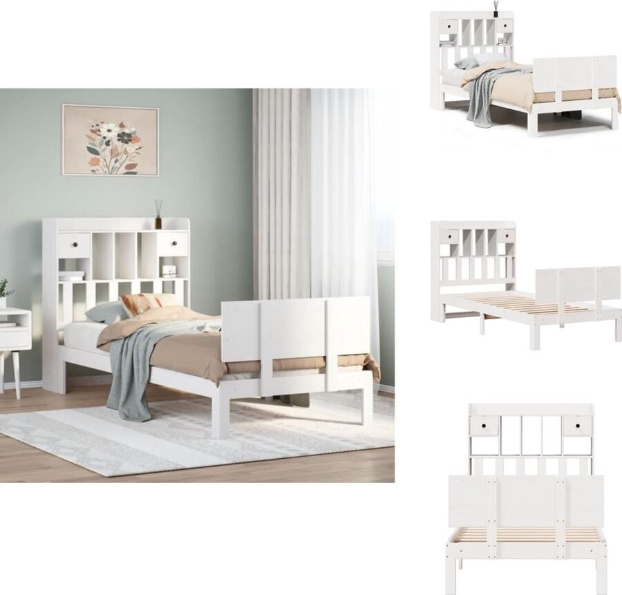VidaXL Boekenkastbed Boekenkastbedden Bed Eenpersoonsbed Bed met boekenkast zonder matras grenenhout wit 90x190 cm