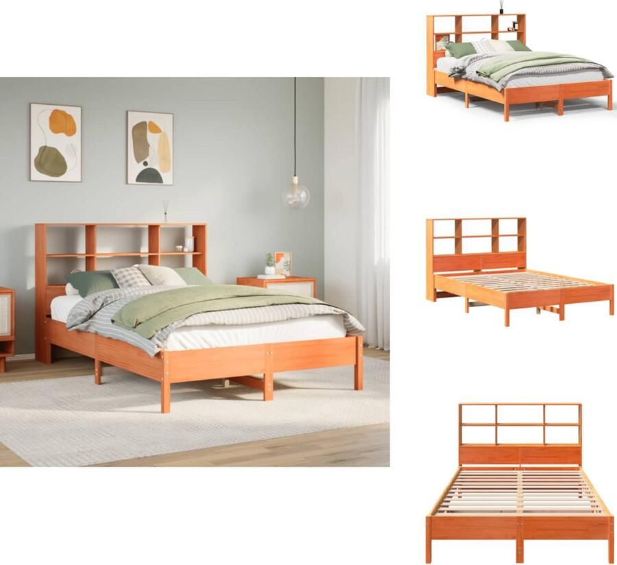 VidaXL Boekenkastbed Boekenkastbedden Bed Tweepersoonsbed Bed met boekenkast zonder matras grenenhout wasbruin 160x200 cm
