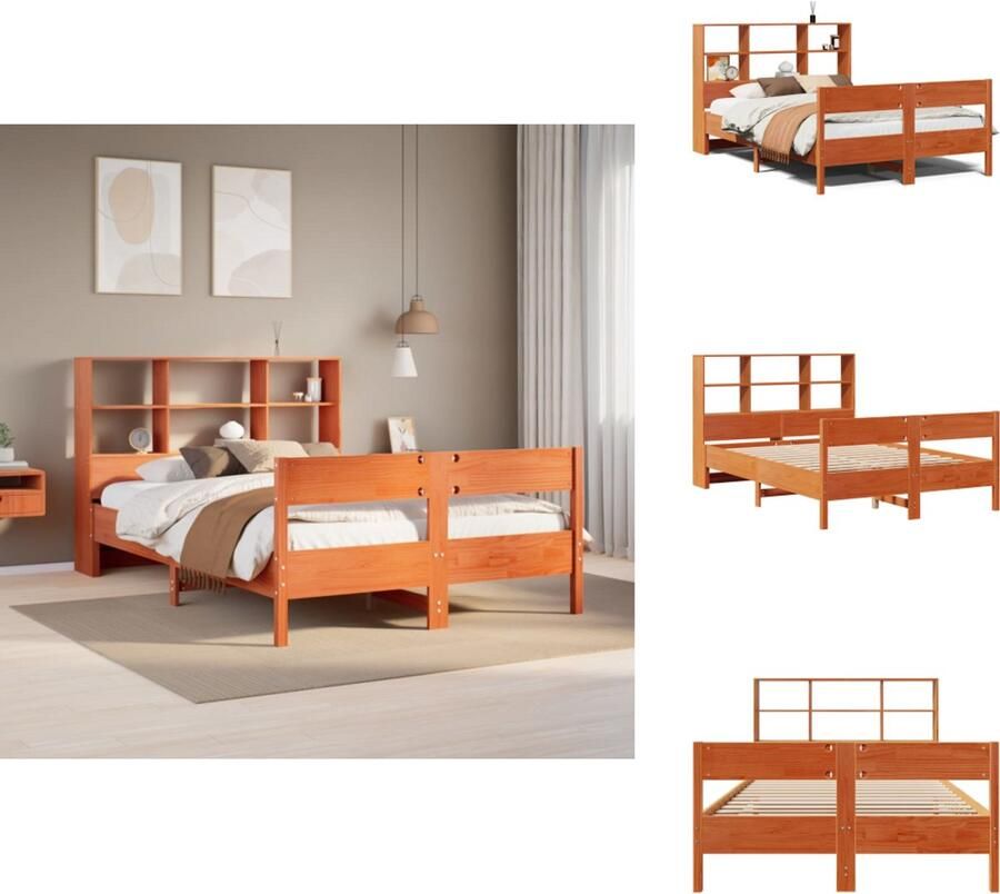 VidaXL Boekenkastbed Boekenkastbedden Bed Tweepersoonsbed Bed met boekenkast zonder matras grenenhout wasbruin 135x190 cm
