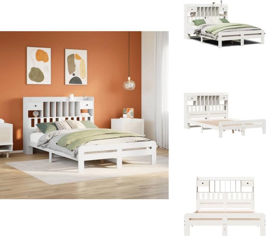VidaXL Boekenkastbed Boekenkastbedden Bed Tweepersoonsbed Bed met boekenkast zonder matras grenenhout wit 150x200 cm