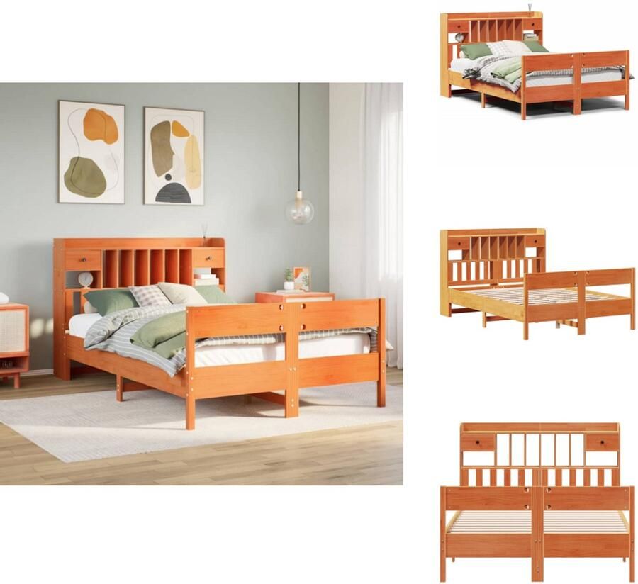 VidaXL Boekenkastbed Boekenkastbedden Bed Tweepersoonsbed Bed met boekenkast zonder matras grenenhout wasbruin 160x200 cm - Foto 2