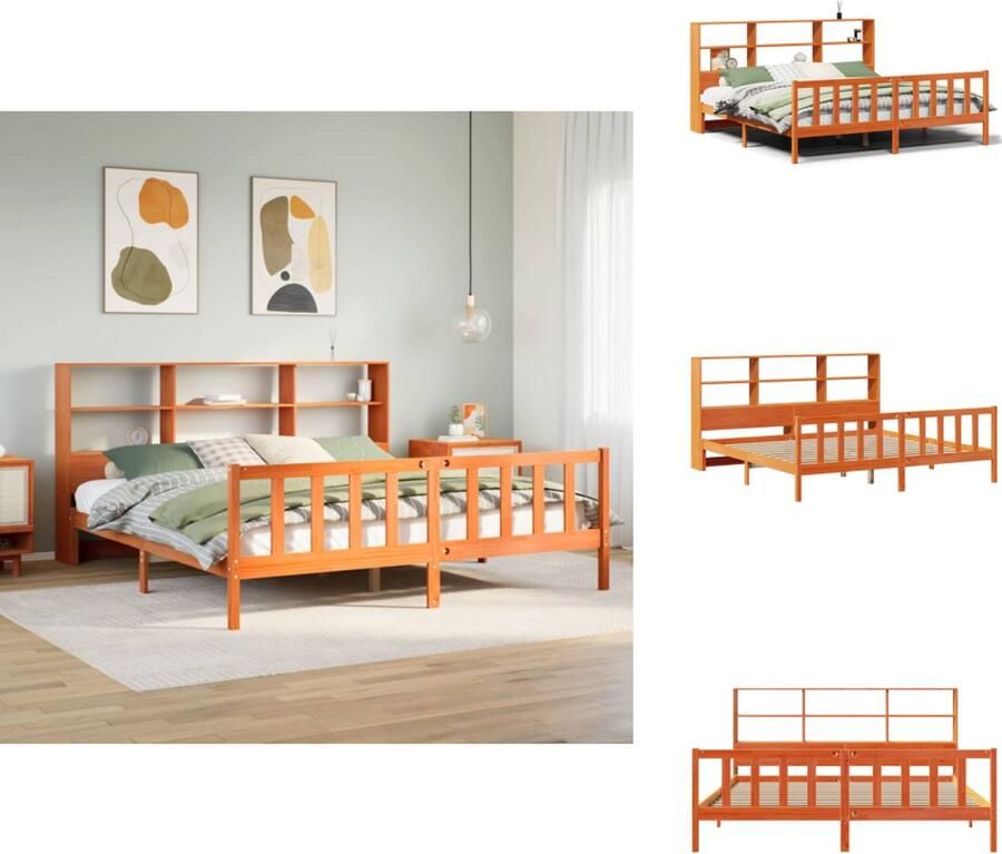 VidaXL Boekenkastbed Boekenkastbedden Bed Tweepersoonsbed Bed met boekenkast zonder matras grenenhout wasbruin 200x200 cm