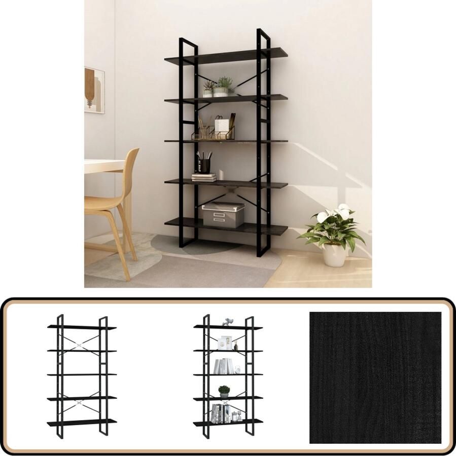 VidaXL Boekenkastenset Zwart Grenenhout 2 stuks Boekenkast Bibliotheek Hout Industrieel Design Zwarte Kleur Grenenhout Staal Opslagruimte Woonaccessoires