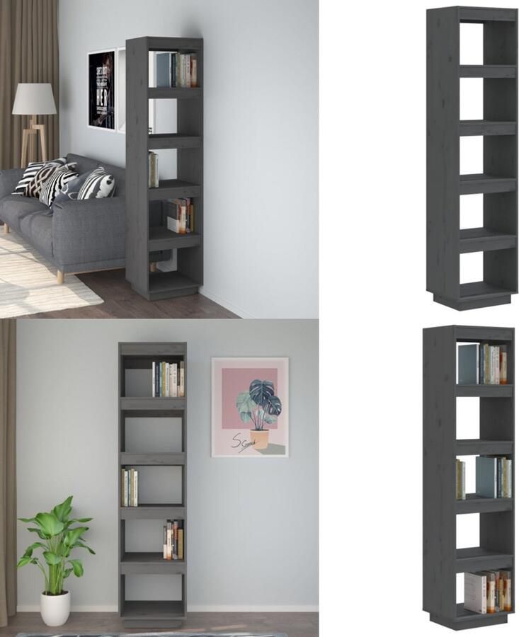 VidaXL Boekenkast kamerscherm 40x35x167 cm massief grenenhout grijs Boekenkast Boekenkasten Boekenrek Boekenschap