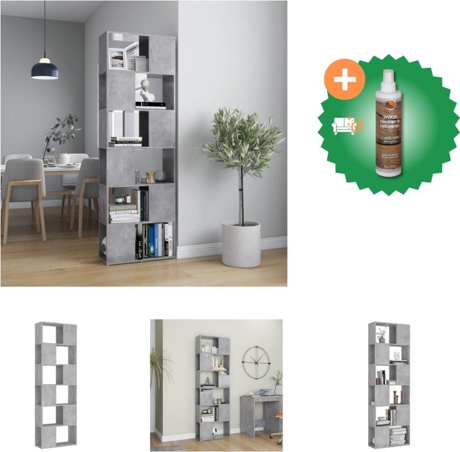 VidaXL Boekenkast kamerscherm 60x24x186 cm spaanplaat betongrijs Kast Inclusief Houtreiniger en verfrisser