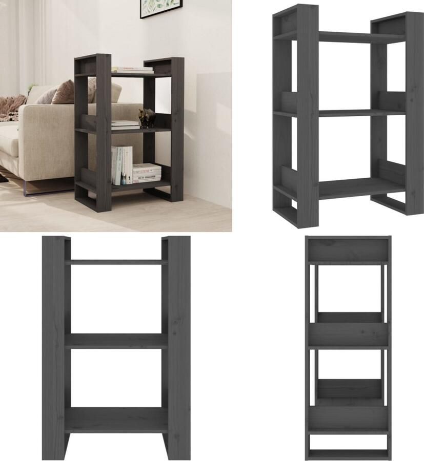 VidaXL Boekenkast kamerscherm 60x35x91 cm massief grenenhout grijs Boekenkast Boekenkasten Boeken Kast