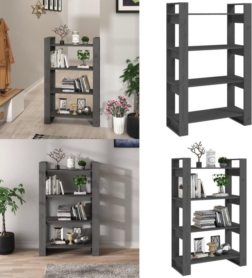 VidaXL Boekenkast kamerscherm 80x35x125 cm massief grenenhout grijs Boekenkast Boekenkasten Opbergkast Boekenrek