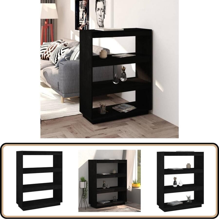 VidaXL Boekenkast kamerscherm Grenenhout Zwart Boekenkast Bibliotheek Houtmeubilair Grenenhouten Boekenkast Zwarte Boekenkast Kamerdecoratie Opslagmogelijkheden Scheidingswand