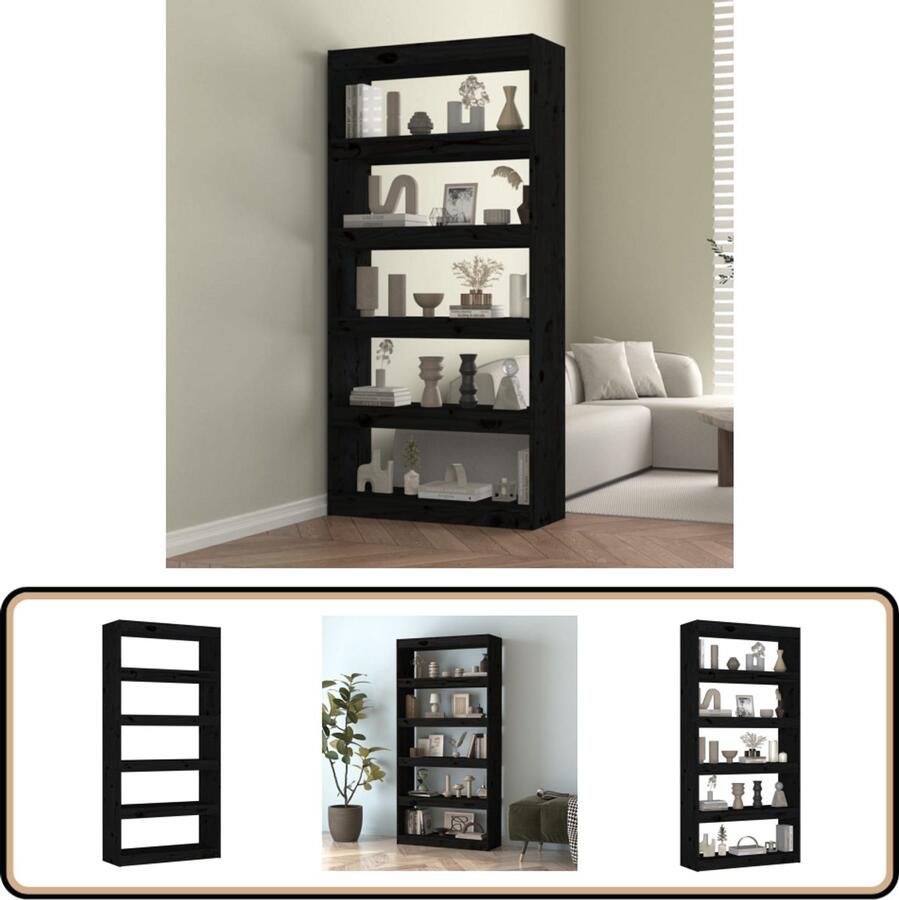 The Living Store Boekenkast kamerscherm 80x30x167 4 cm massief grenenhout zwart Boekenkast Houten Boekenkast Grenenhouten Boekenkast Zwarte Boekenkast Boekenplank