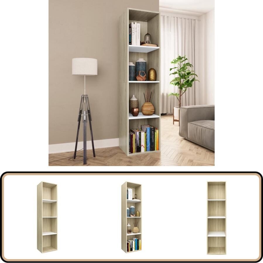 VidaXL The Living Store Boekenkast tv-meubel 36x30x143cm bewerkt hout wit en eikenkleur Boekenkast Bibliotheek Houten Boekenkast Tv-stand Salon Meubilair - Foto 2