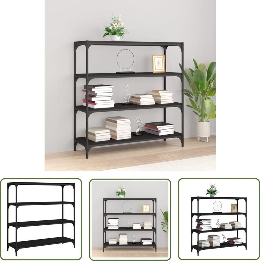 The Living Store Boekenkast 100x33x100 cm bewerkt hout en staal zwart Boekenkast Boekenplank Opslagruimte Industrieel Design Houten Boekenkast - Foto 2