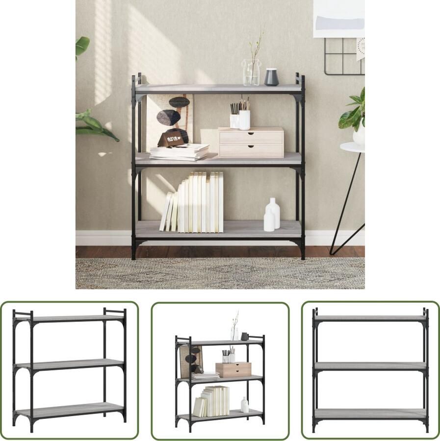 The Living Store Boekenkast 3-laags 80x30x86 cm bewerkt hout grijs sonoma Boekenkast Boekenplank Houten Meubels Grijze Meubels Industrieel Design