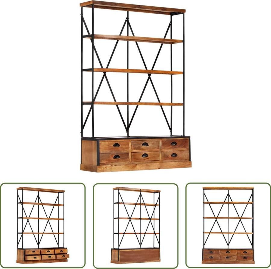 The Living Store Boekenkast 4-laags met 6 lades 122x36x181 cm massief mangohout Boekenkast Boekenplank Mangohouten Meubels Industrieel Design Vintage Stijl