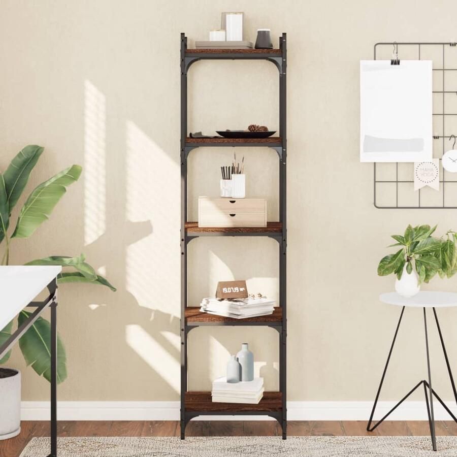 The Living Store Boekenkast 5-laags 40x30x154 cm bewerkt hout bruin eikenkleur Boekenkast Boekenplank Houtskelet Vintage Style Bruine Kleuren
