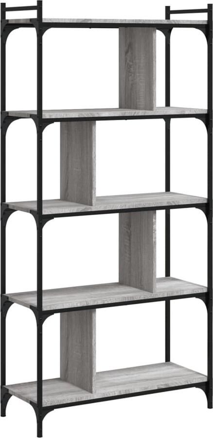 The Living Store Boekenkast 5-laags 76x32x158 cm bewerkt hout grijs sonoma Boekenkast Boekenplank Houten Kast Grijze Kast Industrieel Design
