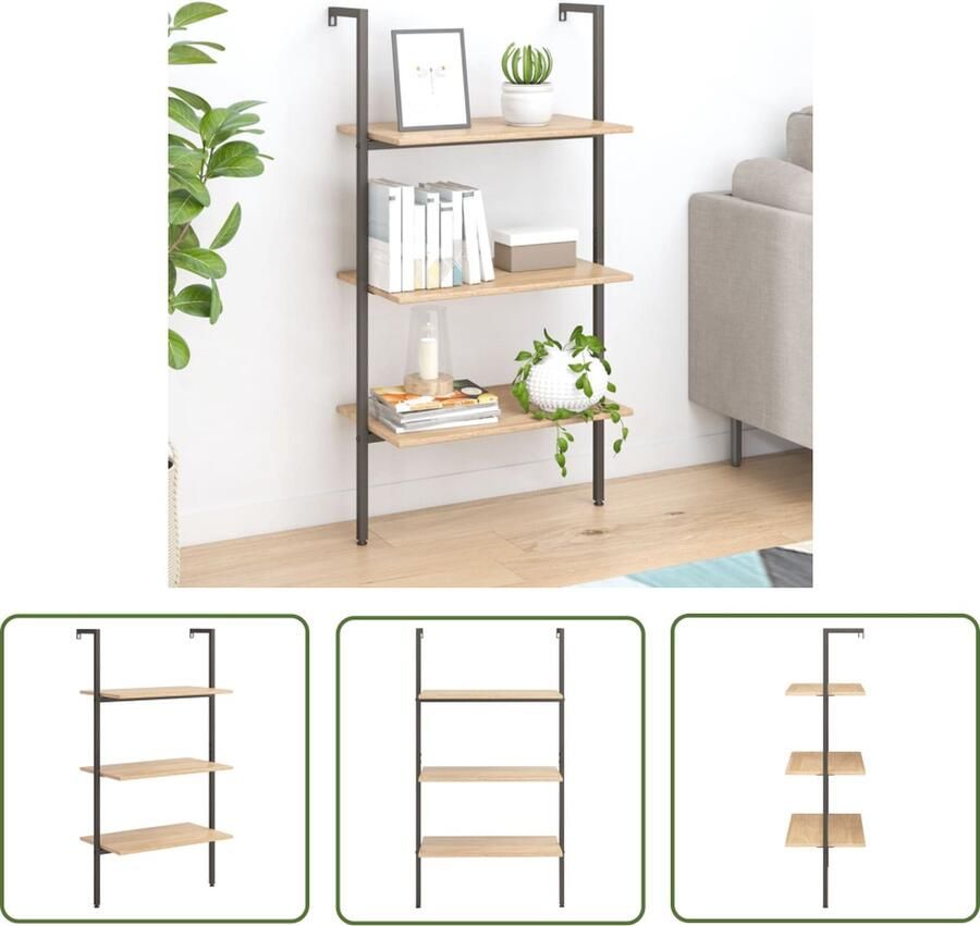 The Living Store Boekenrek 64 x 35 x 120.5 cm Leunend ontwerp Lichtbruin zwart Boekenkast Boekenplank Wandplank Opbergruimte Houten Kast - Foto 2