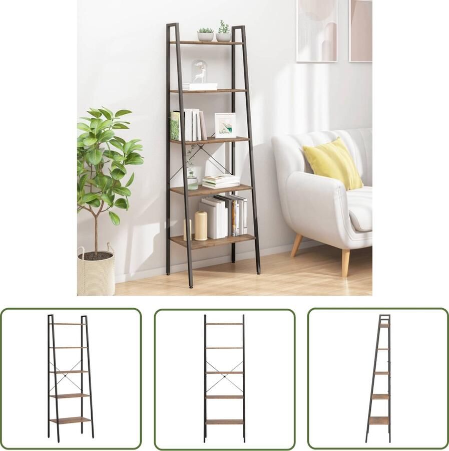 The Living Store Boekenrek Praktisch 5-schapsrek Sterke stalen constructie Brede toepassing Donkerbruin Zwart 56x35x174 cm Boekenkast Boekenplank Opbergkast Woonaccessoires Living Accessoires - Foto 2