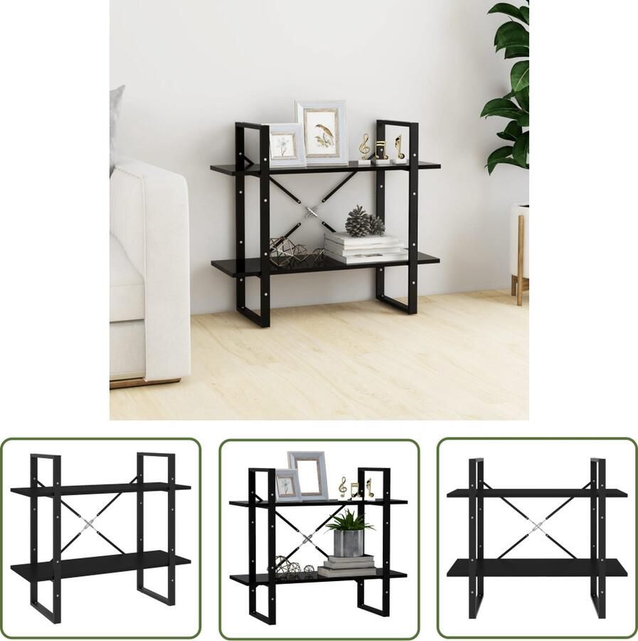 The Living Store Boekenkast met 2 schappen 80x30x70 cm spaanplaat zwart Boekenkast Boekenplank Industrieel Zwart Houten Boekenkast - Foto 2