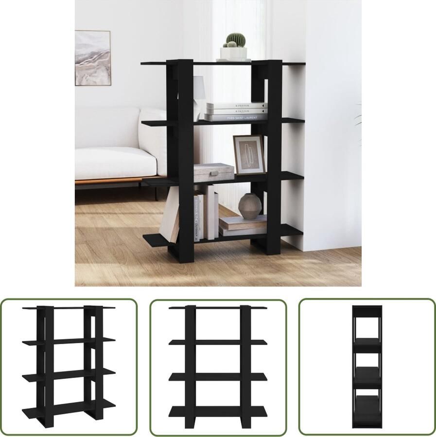 The Living Store Boekenkast Bewerkt Hout 100 x 30 x 123.5 cm Zwart Boekenkast Boekenplank Houten Boekenkast Zwarte Boekenkast Kamerdivider - Foto 2