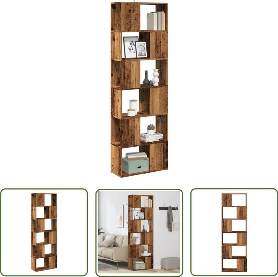 The Living Store Boekenkast kamerscherm 60x24x186 cm oud houtkleurig Boekenkast Boekenplank Opslagoplossing Houten Kast Vintage Design