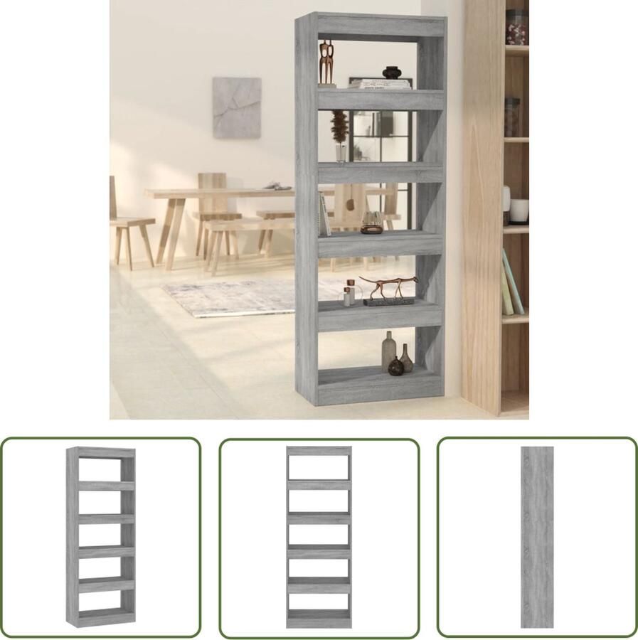 The Living Store Boekenkast kamerscherm 60x30x166 cm bewerkt hout grijs sonoma Boekenkast Boekenplank Grijze Boekenkast Houtsoort Salontafel - Foto 2