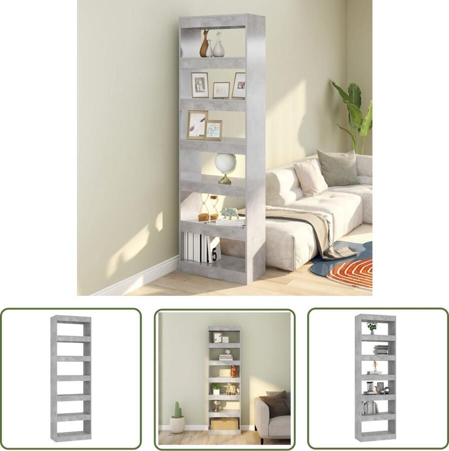 The Living Store Boekenkast Betongrijs 60x30x198 cm Houten meubel voor opbergen en decoreren Boekenkast Boekenplank Opslagoplossing Kamerdivider Grijze Meubels - Foto 2