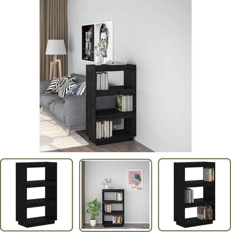 The Living Store Boekenkast Zwart Massief Grenenhout 60x35x103 cm Kan gebruikt worden als kamerscherm Boekenkast Boekenplank Kamerdivider Scheidingswand Houtmeubel - Foto 2