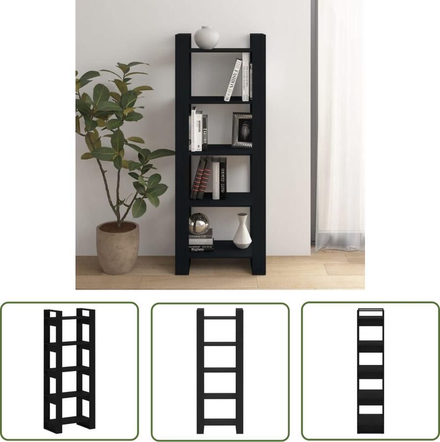 The Living Store Boekenkast kamerscherm 60x35x160 cm massief hout zwart Boekenkast Boekenplank Houtmeubel Grenobleden Zwarte Kast - Foto 2