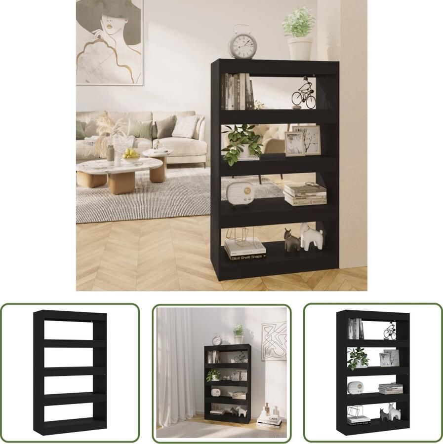 The Living Store Boekenkast kamerscherm 80x30x135 cm bewerkt hout zwart Boekenkast Boekenplank Zwarte Boekenkast Houten Boekenkast Kamerdivider - Foto 2