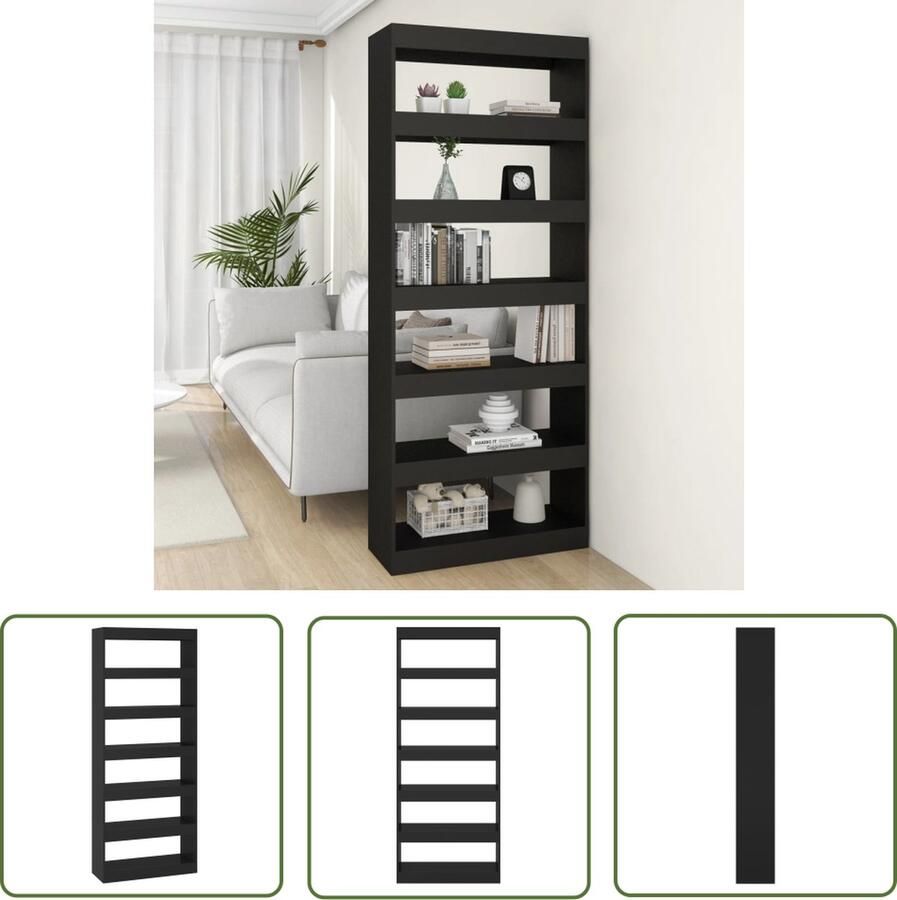 The Living Store Boekenkast kamerscherm 80x30x198 cm bewerkt hout zwart Boekenkast Boekenplank Opslagoplossing Kamerdivider Zwarte Boekenkast - Foto 2