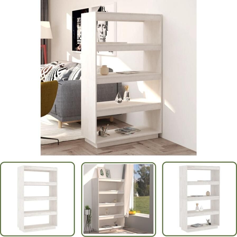The Living Store Boekenkast kamerscherm 80x35x135 cm massief grenenhout wit Boekenkast Boekenplank Houtmeubel Grenenhouten Kast Witte Boekenkast - Foto 2