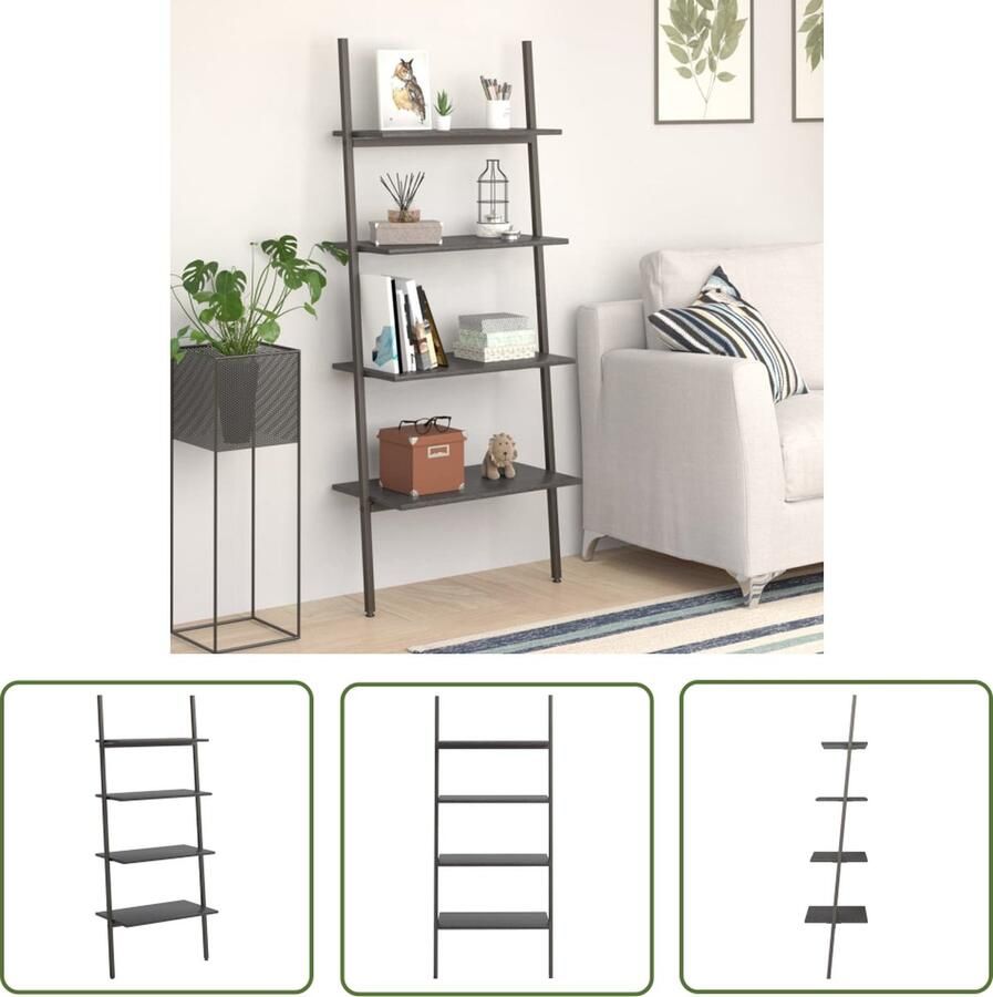 The Living Store Opbergrek 4 schappen 64x34x150.5cm zwart hout en staal Opbergkast Boekenplank Wandrek Ladderrek Houten Kast - Foto 2