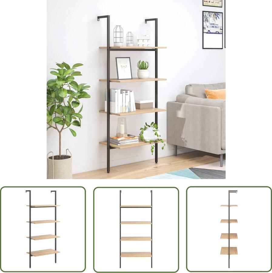 The Living Store Ladderrek met 4 schappen 64x35x152 5 cm lichtbruin en zwart Opbergkast Boekenplank Kast Houten Kast Ladderrek - Foto 2