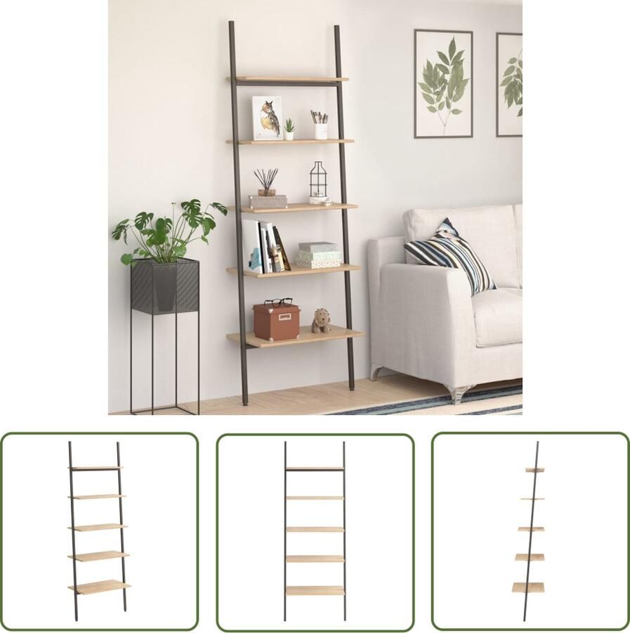 The Living Store Rek met 5 schappen Boekenrek en opbergrek Leunend ontwerp Sterke stalen constructie 64 x 34 x 185.5 cm afmeting Lichtbruin en zwart Geschikt voor huis en kantoor - Foto 2