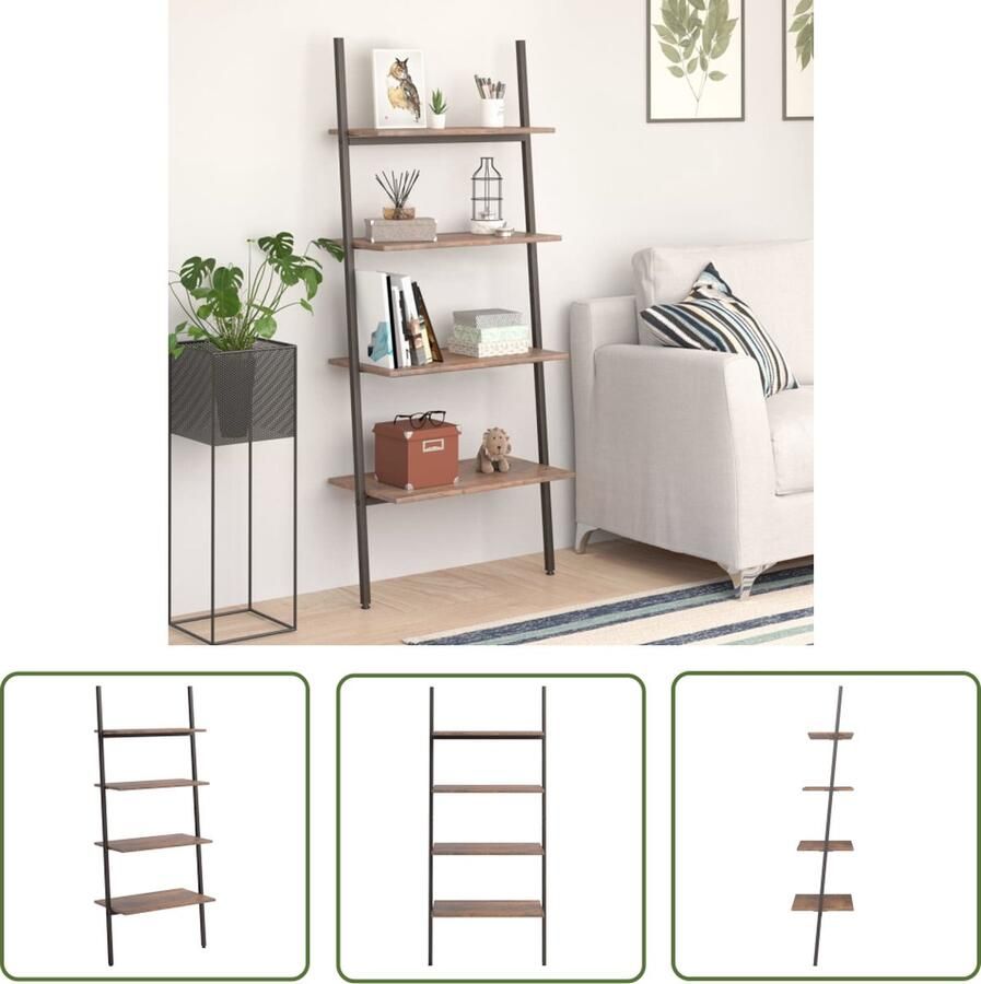 VidaXL Boekenplank Opslagruimte Ladderrek met 4 schappen 64x34x150 5 cm donkerbruin en zwart Kastje Houten Kast Industrieel Design - Foto 2