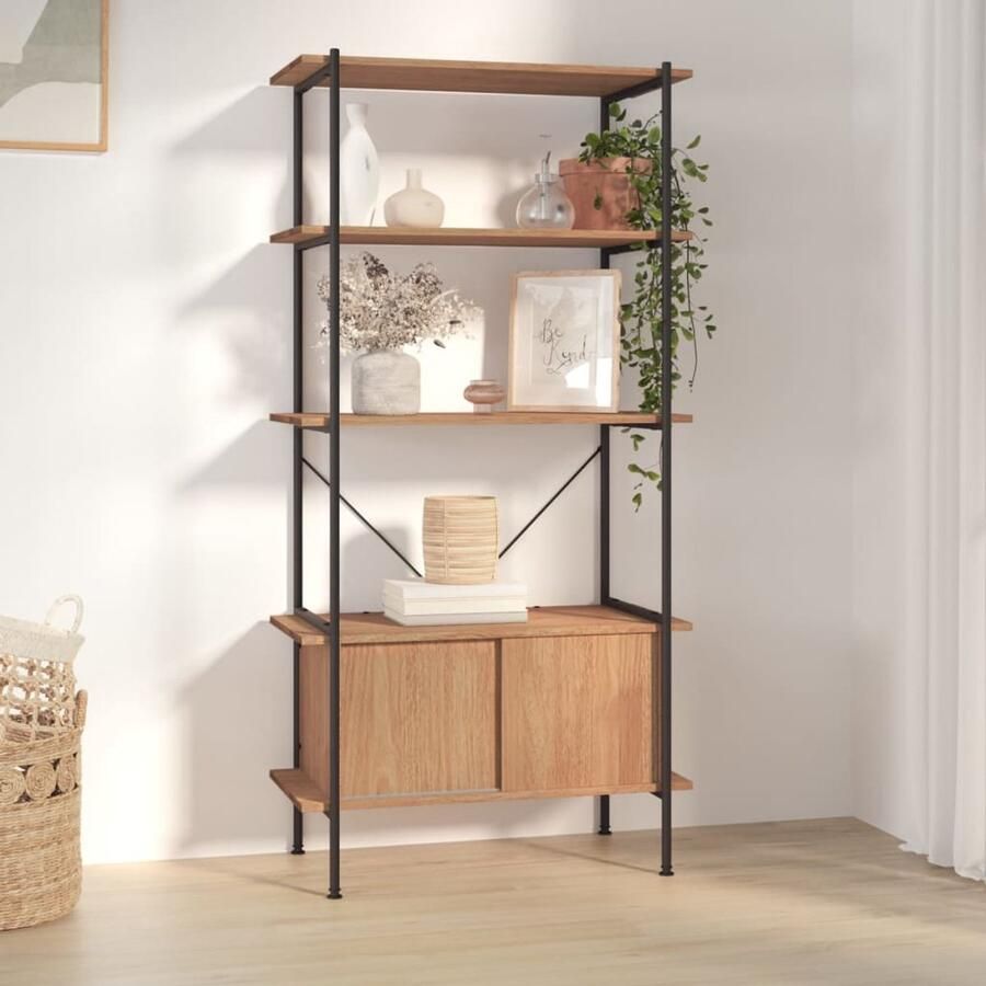 The Living Store Opbergrek 5-laags met kast 80x40x163 cm staal en bewerkt hout Opslagruimte Boekenplank Houten Kast Bruine Kast Multifunctionele Kast