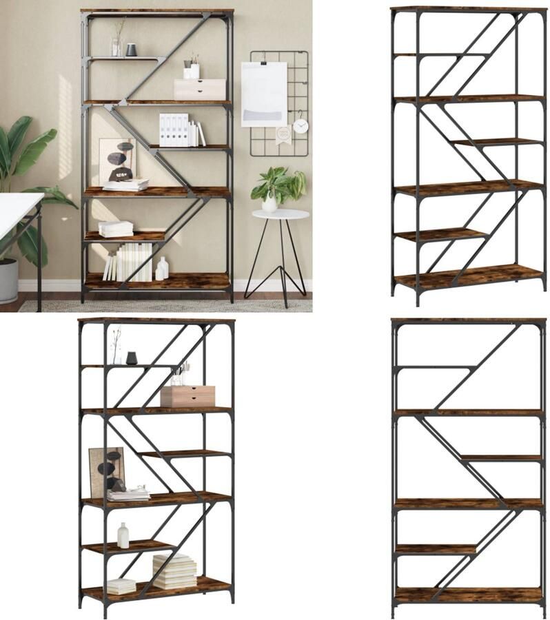 VidaXL Boekenrek 91x36x176 cm bewerkt hout en staal gerookt eikenkleur Boekenrek Boekenrekken Boekenkast Boeken Plank