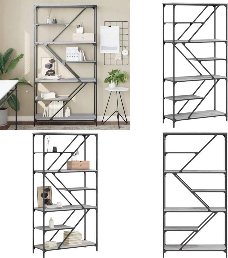 VidaXL Boekenrek 91x36x176 cm bewerkt hout en staal grijs sonoma Boekenrek Boekenrekken Boekenkast Boeken Plank