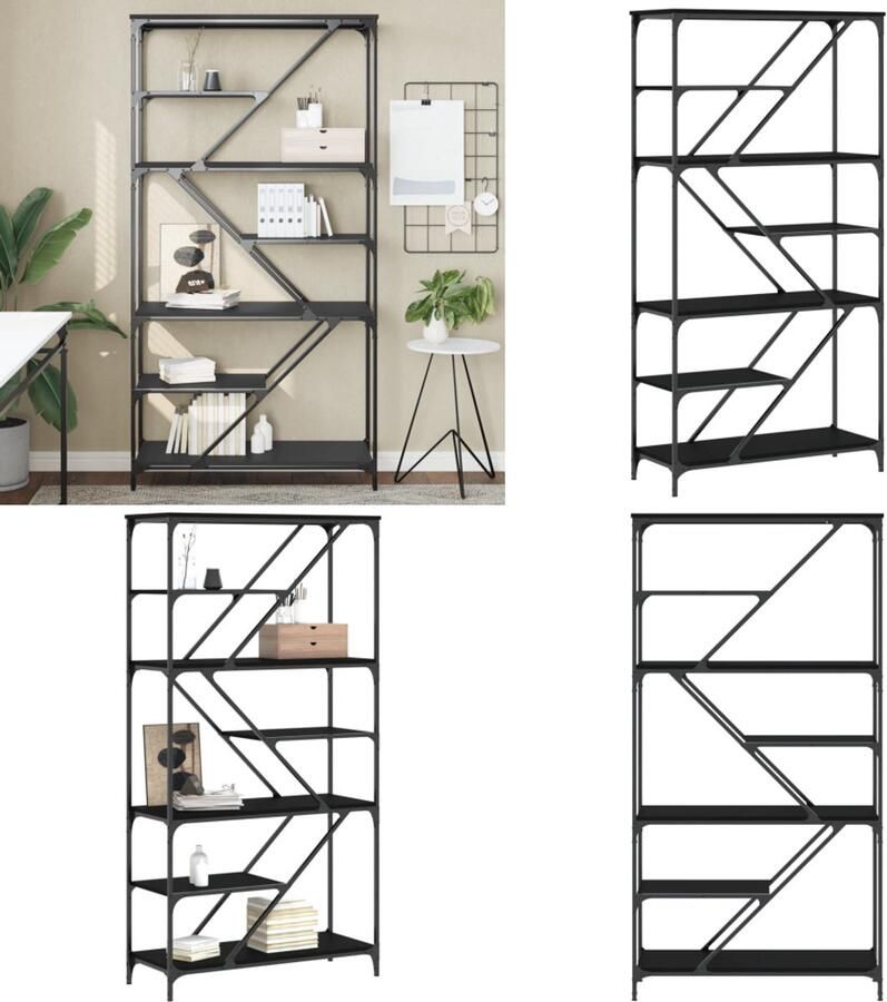 VidaXL Boekenrek 91x36x176 cm bewerkt hout en staal zwart Boekenrek Boekenrekken Boekenkast Boeken Plank