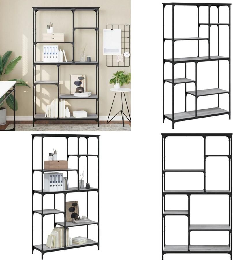 VidaXL Boekenrek 99x35 5x176 cm bewerkt hout en staal grijs sonoma Boekenkast Boekenkasten Boeken Plank Schappenkast