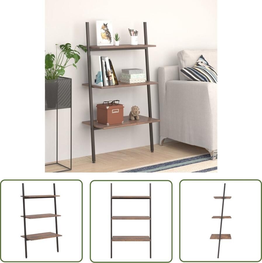 The Living Store Boekenrek Opbergrek met 3 schappen 64 x 34 x 116 cm Donkerbruin Zwart Sterke Stalen Constructie Boekenplank Boekenrek Ladderrek Opbergruimte Interieurdecoratie - Foto 2