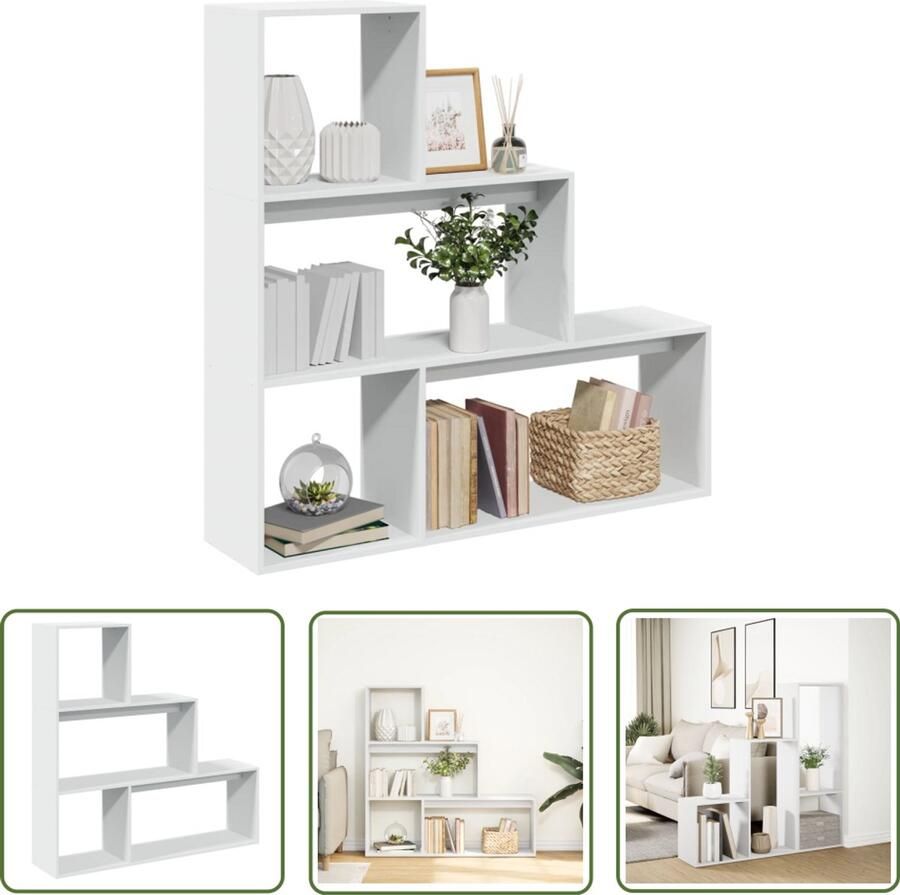 The Living Store Kamerscherm boekenkast 3-laags 123x29x123 cm bewerkt hout wit Boekenschrank Boekenrek Opbergsysteem Scheidingswand Houten Kast