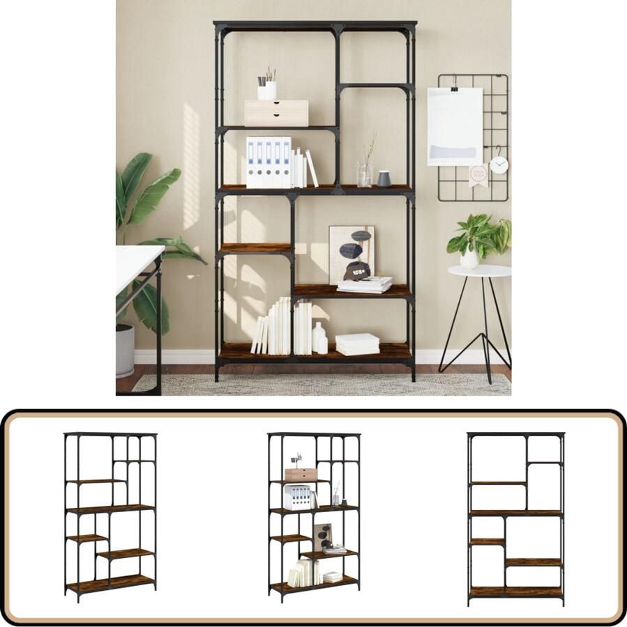 VidaXL Boekenrek Gerookt Eiken 99x35 5x176 cm Boekenrek Bibliotheek Industriele Stijl Houten Boekenkast Opbergkast