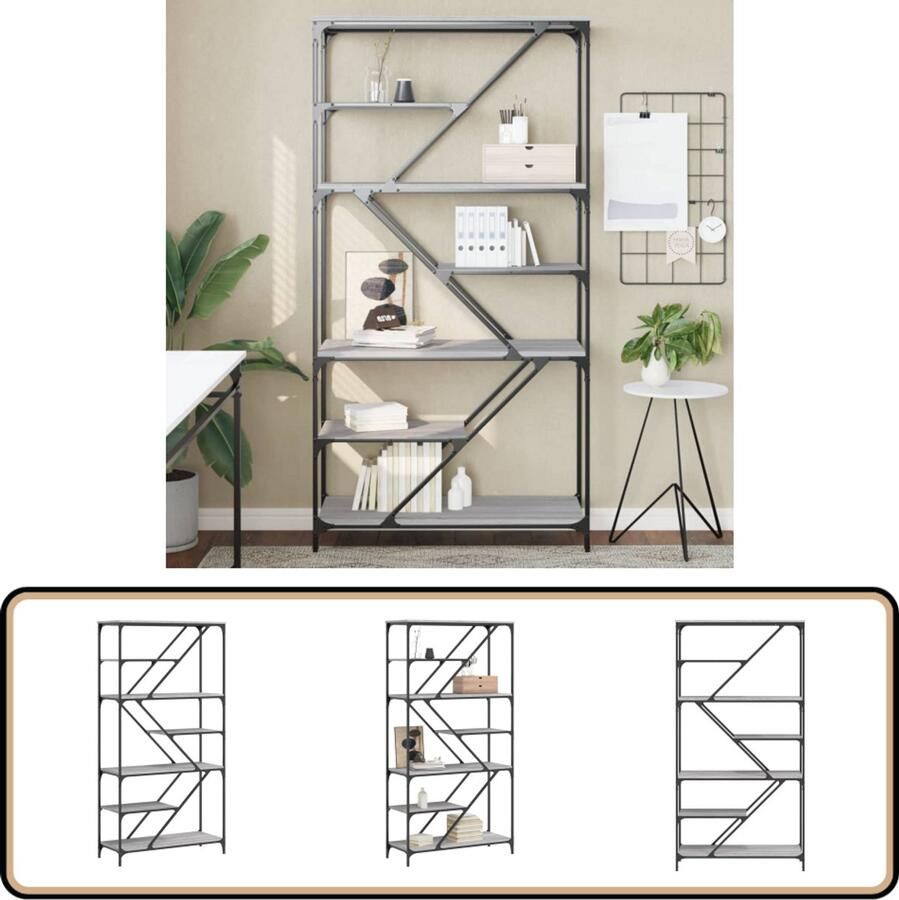 The Living Store Boekenrek 91x36x176 cm bewerkt hout en staal grijs sonoma Boekenrek Industrieel Boekenrek Houten Boekenrek Grijze Boekenkast Bibliotheek Kast