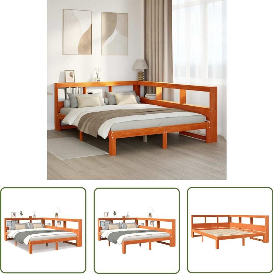 VidaXL Boekkastenbed Slaapkamers Bed met boekenkast zonder matras grenenhout wasbruin 140x190 cm Houten Bed Grenenhout Bed Met Opbergruimte