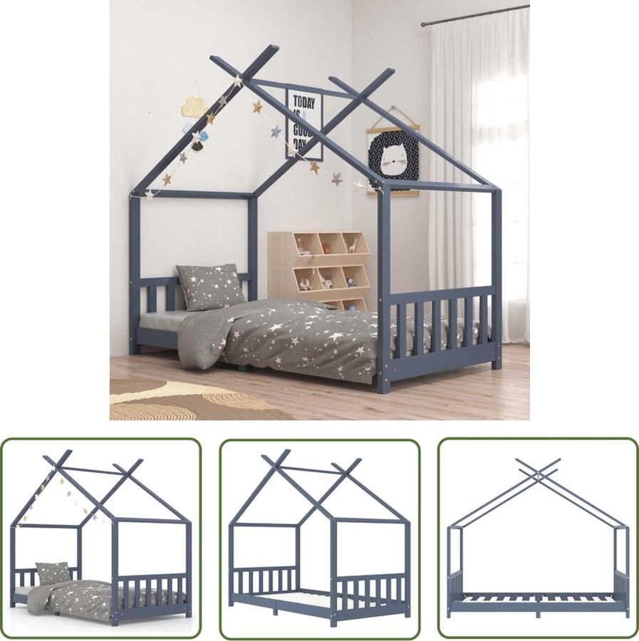 The Living Store Boomhut Bedframe Grijs 206x98x155 cm Geschikt voor 90x200 cm matras Houten bedframe van massief grenenhout en multiplex voor de ultieme slaapplek in de kinderkamer Let op- matras en gordijnen niet inbegrepen Montage vereist