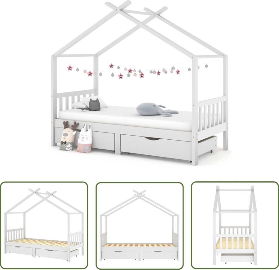 The Living Store Kinderbedframe Boomhut Stijl Wit 206x97x190 cm Massief grenenhout Kinderbed Boomhut Bed Houten Bed Kids Bed Wit Bed